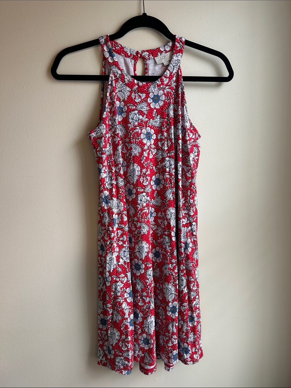 LOFT Red Floral Sleeveless Keyhole Swing Dress